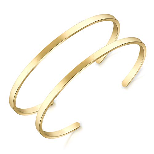 Lolalet Thin Open Cuff Bracelet, Christmas Gift for Girlfriend Wife Mom, 18K Gold Plated Couples Oval Love Bracelets, Plain Polished Finish Open Cuff