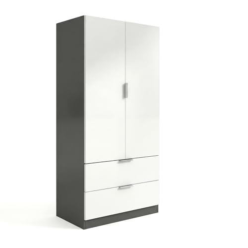 duehome | Armario de 2 Puertas y 2 cajones, Modelo Lark, Acabado en Color Gris Grafito y Blanco Artik, Medidas: 81 cm (Ancho) x 180 cm (Alto) x 52 cm (Fondo)