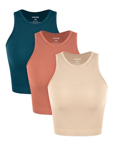 ODODOS 3-Pack Seamless Tank for Women Rib-Knit Soft Sleeveless High Neck Tank Tops, Waist Length, Beige+Coral+Teal, X-Small/Small