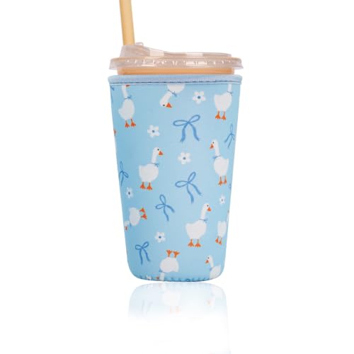 Image of Reusable Insulated Sleeve for Iced Coffee Cup, Coffee Neoprene Sleeve for Cold & Hot Drinks, Beverage Holder for Iced Coffee (Blue Geese, Large: 32oz)