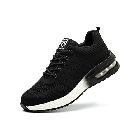 Safety Shoes, Mens Steel Cap Toe Shoes Trainers,Work Shoes, Men Lightweight Breathable Protective Work Industrial Shoes for Manufacturing Black White Cover