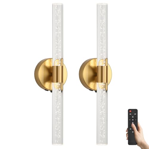 Image of Battery Operated Wall Sconces Set of 2, Gold 20'' Rechargeable Crystal Bubble Wall Sconce with Remote Control, 3000K-6000K Dimmable LED Wireless Wall Lights for Living Room Bedroom Hallway