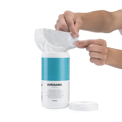 AURISANO Hörgeräte Reinigungstücher 100 Stk - Spenderbox mit Reinigungstücher Hörgeräte - Entfernt Ohrenschmalz und Verschmutzungen - 100% Biologisch Abbaubare Feuchttücher - Zertifiziert und Sicher