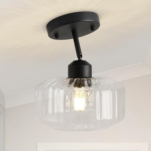 TeHenoo Modern Sloped Ceiling Light, Ribbed Clear Glass Flush Mount for Entryway, Hallway,Vaulted Ceiling,Matte Black