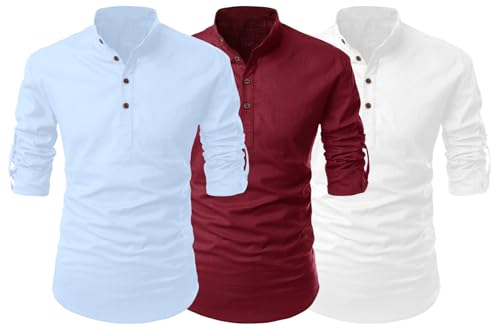 Image of FINIVO FASHION Combo of Men's Cotton Blend Solid Regular Fit Full Sleeve Straight Short Kurta Shirt, Casual and Formal Wear
