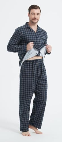 CHUNG Men Flannel Pajamas Set 100% Cotton Brushed Pjs Classic Plaid Long Sleeve Tops Pants Warm Sleepwear loungewear4