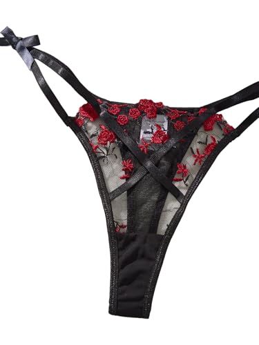 Image of Lilosy Sexy Cute Underwire Push Up Strappy Heart Embroidered Mesh Sheer Lingerie Set for Women See Through Bra and Panty 2 Piece Bow Flower Black Red Small