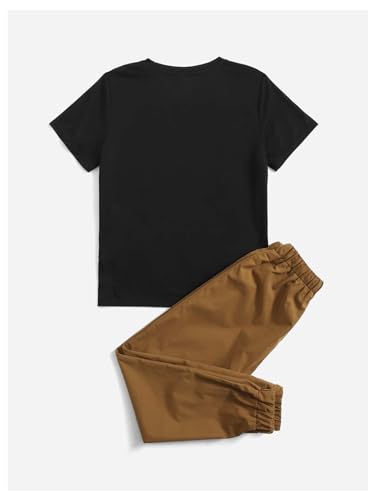 Image of GORGLITTER Boy's 2 Piece Outfits Graphic Print Short Sleeve Tee Shirt Drawstring Waist Pants Set Black and Brown 10Y