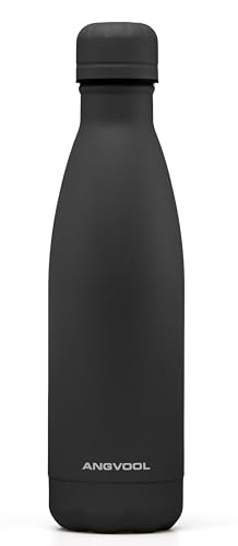 ANGVOOL Insulated Water Bottle Stainless Steel Metal Thermal Flask for Hot and Cold Drinks Leak Proof BPA Free Drinking Bottles for Kids or Adults (Black 500ml)
