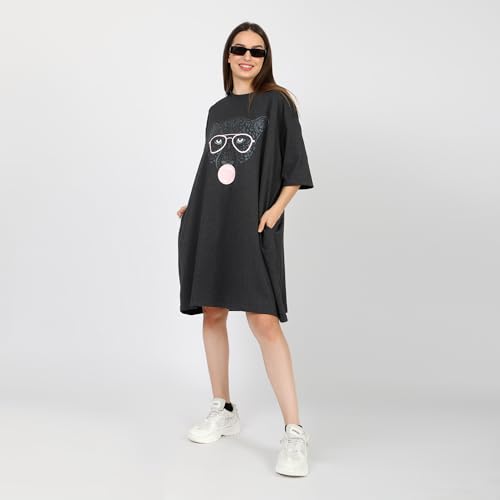 Image of LAMA STORE Women's Printed Oversized T-Shirt Dress, Cotton, 3 /4 Sleeve Length, Casual Loose Fit, Comfort Wear Extra Comfy Oversized Printed Pocket T-Shirt Dress