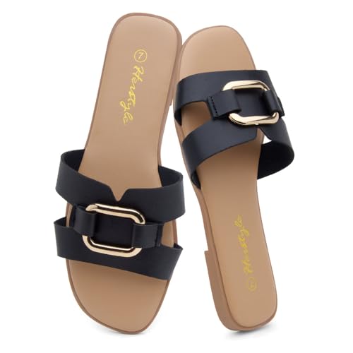 Herstyle Women’s Flat Sandals 2025 – Square Open Toe Fashion Casual Slides with Metal Chain, Memory Foam Footbed Insole, Slip-On Dressy Sandals for Summer