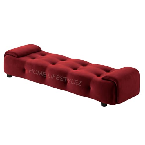 Image of Home Lifestlez Monel 2 Seater Tufted Ottoman Bench | Velvet Upholstered | Seating Bench Window Bench Footrest Stool End of Bed Bench Living Room Furniture | Comfortable & Stylish - Maroon