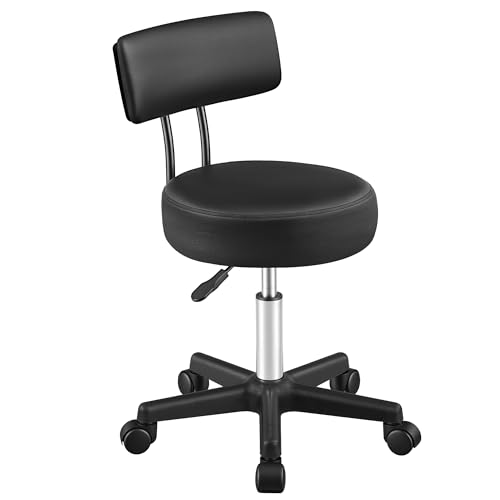 SONGMICS Tabouret à roulettes avec Dossier, Tabouret de Travail en Cuir PU, Réglable en Hauteur, Pivotant à 360°, 50 x 50 x 83,5 cm, Noir, pour Salon de...
