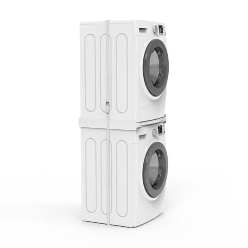 Xavax Zwischenbaurahmen mit Ausziehplatte aus Kunststoff (Verbindungsrahmen für Waschmaschine und Trockner, Zwischenbausatz mit Auszug als Ablage für Wäschekorb, inkl. Zurrgurt) weiß