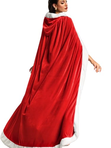 EHSUYAB Women Lightweight Velvet Cloak with Hood Bridal Wedding Fur Cpae Coat Winter Gown Christmas Halloween Cosplay Costume Red 150Cm 4.92Ft