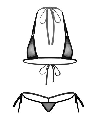 inhzoy Conjunto de Micro Bikini con Tiras de Malla Transparente Sexy para Mujer Traje de Baño Triangular Ropa para Playa de Tomar el Sol Negro Talla Única
