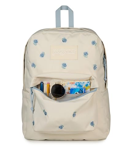 Image of JanSport Superbreak Plus FX Backpack - Work, Travel, or Laptop Bag with Water Bottle Pocket, Superbreak Plus Fx, Just A Rose Emb Moon Flower /Blue /Green