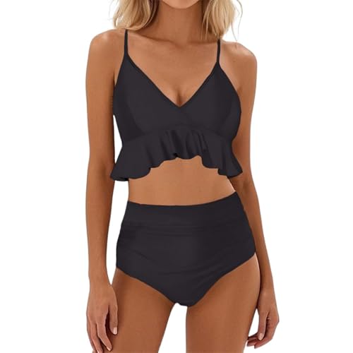 Traje de baño de Dos Piezas con Dobladillo Ondulado, Cintura Alta, Bikini con Detalle de Volantes y Tankini Fruncido. (Black, S)