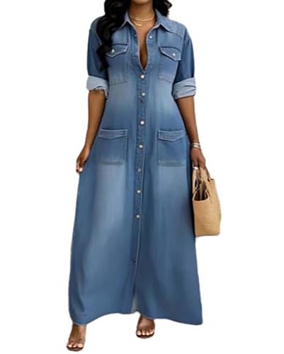 Women's Casual Denim Dress Long Sleeve Lapel Button Down Maxi Jean Shirt Dresses