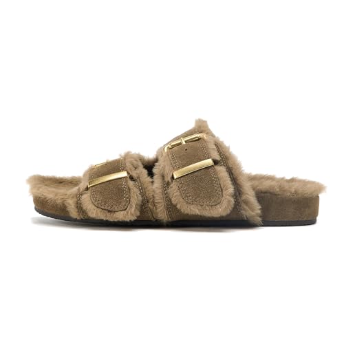 Women's Fuzzy Fur Slide Sandals Open Toe Double Strap Fluffy Slippers Taupe Suede Indoor House Flat Slides