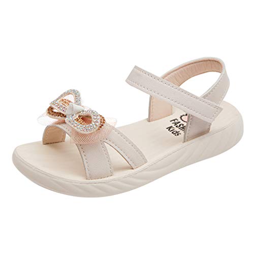 Giulot Girls' Open Toe Sandals Slides Bowknot Crystal Princess Summer Flat Shoes Beach Pool Casual Slippers with Straps (Little Kid) Beige