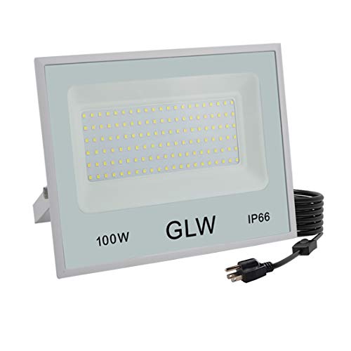 GLW 100W LED Flood Lights,Outdoor Super Bright Security Lights,6000k 10000LM Daylight White with Plug,IP66 Waterproof Outside Work Light for Playground,Garage,Yard