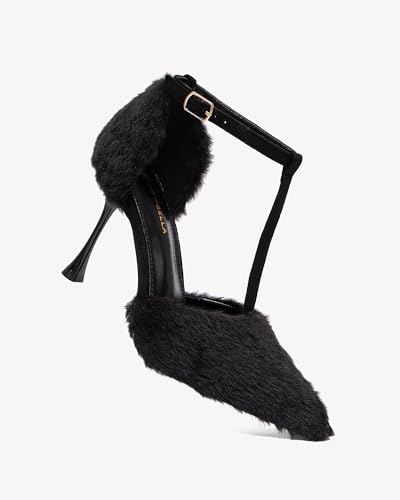 Women’s T-Strap Heels – 3.93 inch Pointed Toe Stiletto Pumps with Ankle Strap, Fluffy Dress Shoes for Party, Evening, Holiday or Special Occasions2