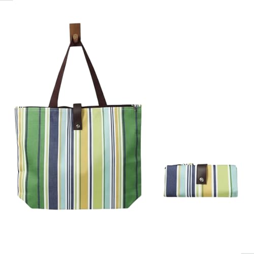 Ecobag Dobrável com Zíper Bolsa de Compras Reutilizável para Feira Supermercado e Praia 45,5x32x12 cm Tecido Oxford (Verde Listrado)