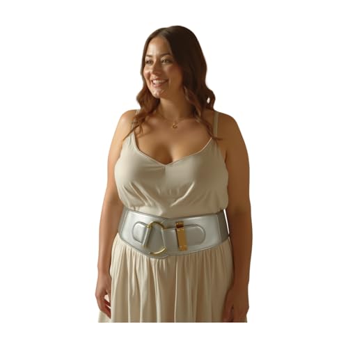 Women Elastic Fashion Faux Leather Belt Hip Waist Gold Metal Buckle Fits S M Metallic Silver Color4