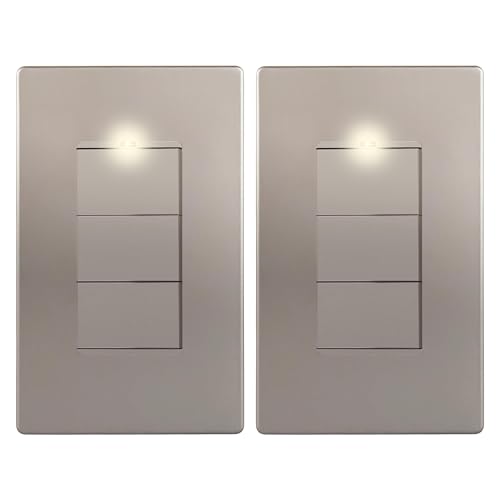 Image of LIDER Lighted Triple Switch with Screwless Wall Plate, Combination Frameless Decorator Switch with Locator Light, Ground Terminal Single Pole, 15A 120V, UL Listed, Thermoplastic, Matte Nickel, 2-Pack