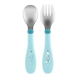 Chicco EDELSTAHLBESTECK-SET, Babyset, Gabel und Löffel für Kinder, aus rostfreiem Stahl, leicht zu greifen, 2 Stück, 18M+, Hellblau