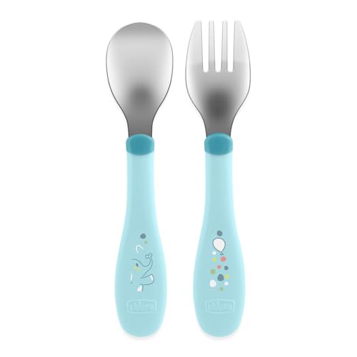 Chicco EDELSTAHLBESTECK-SET, Babyset, Gabel und Löffel für Kinder, aus rostfreiem Stahl, leicht zu greifen, 2 Stück, 18M+, Hellblau