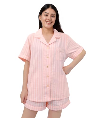 Image of Womens Muslin Pajama Sets 100% Cotton Double Gauze Linen Like Short Pjs | Breathable Soft Comfort Button Up Loungewear Sleepwear PJ Set
