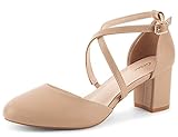Greatonu Women's Nude Low Block Heeled Dress Pumps Closed Round Toe Cross Strap Wedding Bridal Party Office Shoes Size 8.5