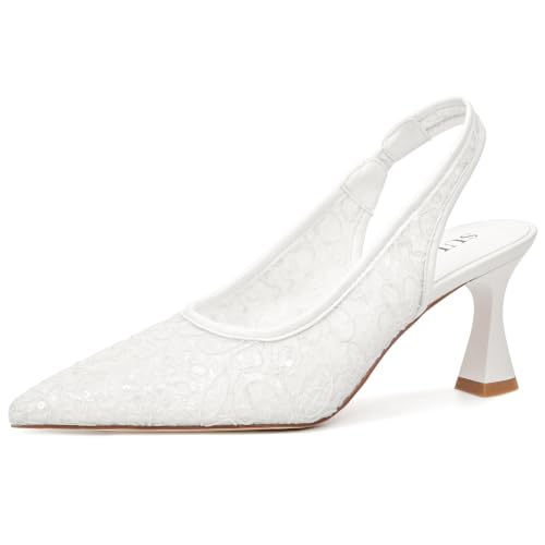 Lace Wedding Heels For Women Mesh Kitten Heels Slingback Bridal Shoes Closed Pointed Toe Dressy Pumps Shoes