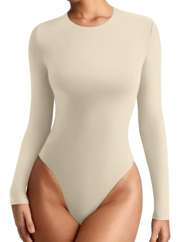 REORIA Women's Long Sleeve Bodysuits Crew Neck Slim Double Lined Basic Layering Body Suits Fall Going Out Tops Winter Outfits 2025(Beige Cream X-Small)
