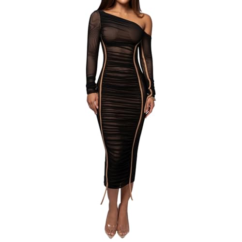 Black Sexy Ruched Bodycon Maxi Dress for Women Off The Shoulder Mesh Sheer Long Sleeve Dresses for Club Party Night Outfits