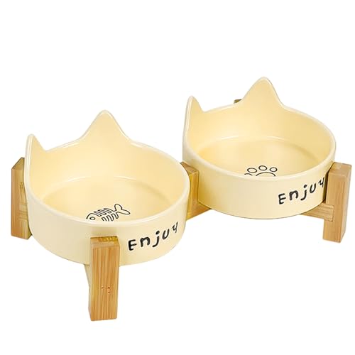 Puffluv Ceramic Dog and Cat Bowl Set with Wooden Stand-Raised Non-Slip Bottom Weighted Matte Glaze Pet Feeder-Yellow Cat Ear-6.76 OZ