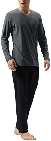 DAVID ARCHY Men's Cotton Sleepwear PJs V-Neck Lounge Wear Top and Bottom Long Winter Pajamas Set for Men (M, Dark Gray-Black)