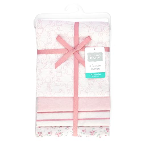Image of Hudson Baby Unisex Baby Cotton Polyester Flannel Receiving Blankets 4-Pack, Wispy Wild Flower Bunny, One Size