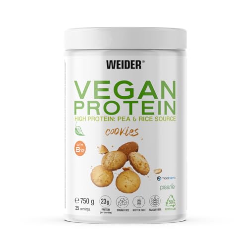 Weider Vegan Protein (750g) Sabor Cookies. Proteína Vegana 23g/dosis. Con Vitamina B12 y Stevia. Sin Gluten, Sin Azúcar. Bote 50% Reciclado, 100% Reciclable