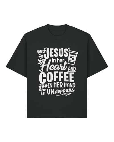 Camiseta unisex de algodón pesado con Jesús en su corazón y café en su mano She is Unstoppable, color negro, Negro, 3XL Grande alto