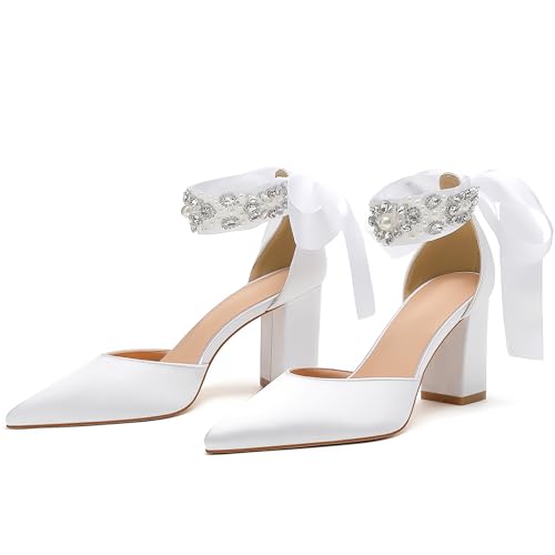 Bridal Wedding Shoes, Closed Toe Pointed Toe White Heels, Women's Chunky Heels with Bow and Crystal Pearl Ankle Strap2