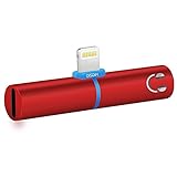 DISDIM 2in1 Charger & Audio Aluminum Lightning to 3.5mm Headphone Jack Adapter with 8Pin Female Charging Port for iPhone 7 / iPhone 7 Plus,Support iOS10.3 and with Led Indicator Light -Red