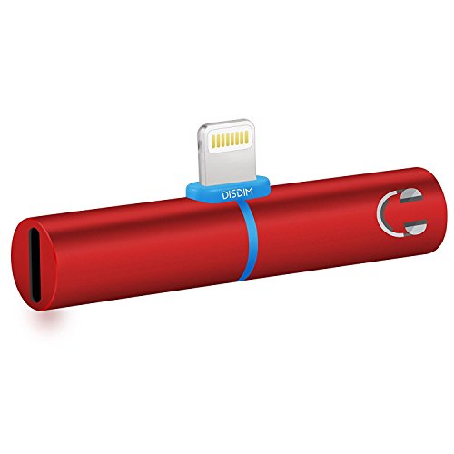 DISDIM 2in1 Charger & Audio Aluminum Lightning to 3.5mm Headphone Jack Adapter with 8Pin Female Charging Port for iPhone X / 8/8 Plus / 7/7 Plus,Support iOS11 and with Led Indicator Light -Red