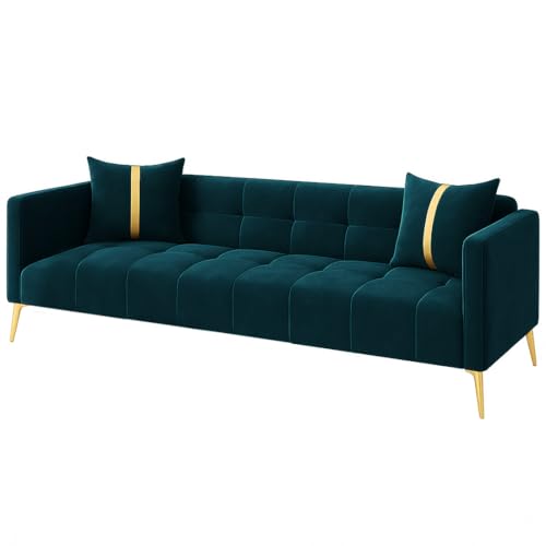 Image of FURNY Styliving 3 Seater Velvet Fabric Sofa Set (Greenish Teal) with Golden Finish Legs | Durable & Comfortable | Ideal for Living Room