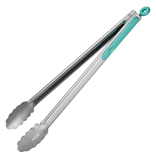 18/8 Stainless Steel Kitchen Tong: U-Taste 16 Inch Extra Long Heat Resistant Cooking Tong With Sturdy Metal Tips & Non Slip Silicone Handle & Smooth Locking For Serving Bbq (Aqua Sky) #TOP29