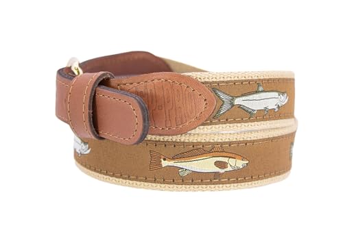 ZEP-PRO Backcountry Slam Men's Woven Ribbon Belt – Repeating Game Fish Ribbon With Tan Full Grain Leather Tabs – 1.25" Wide Outdoor Lifestyle Accessory, Size 462