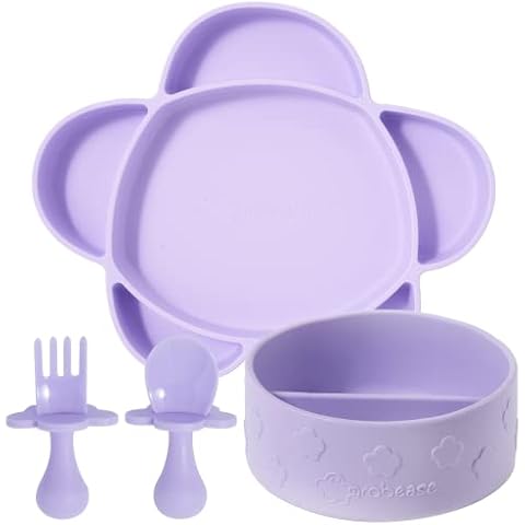 Grabease Portion Control Plate - Silicone Suction Plates for Baby-Led Weaning and Toddler Meals - Suction Bottoms 4 Piece Set, BPA and Phthalates-Free, Lavender Cover