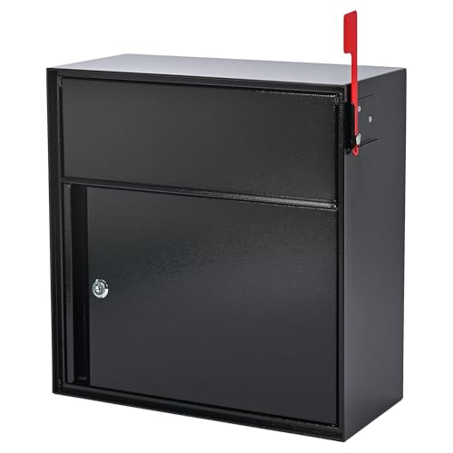 Image of Large Wall Mount Mailbox with Lock and Outgoing Mail Flag, Rainproof | 14.8 inch x 6.9 inch x 15.4 inch, Steel Locking Security, For House Outside, Number Stickers Included, Black